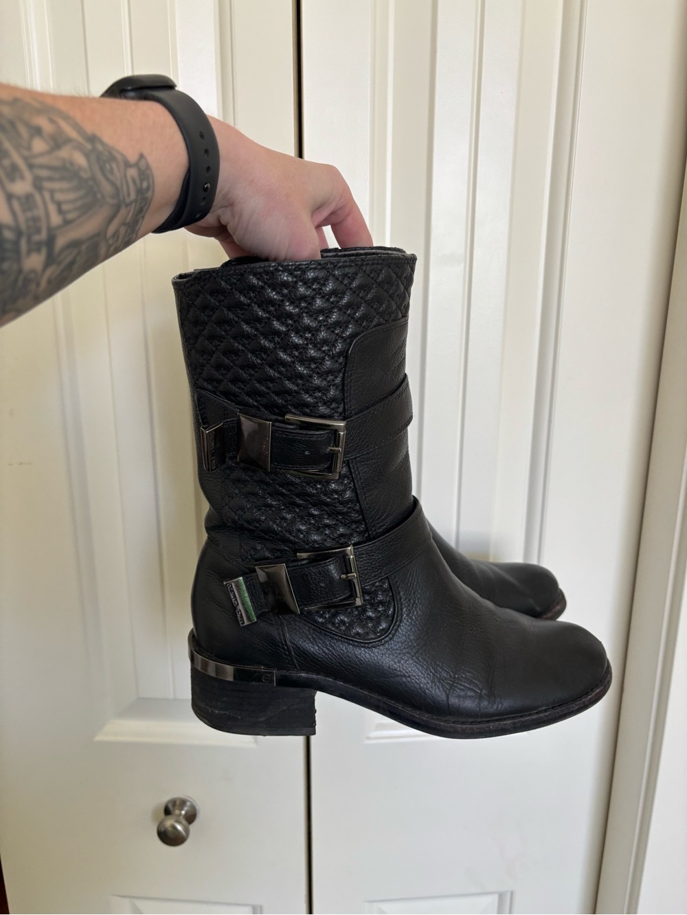 Vince Camuto Black Leather Moto Biker Buckle Boots Size 8
